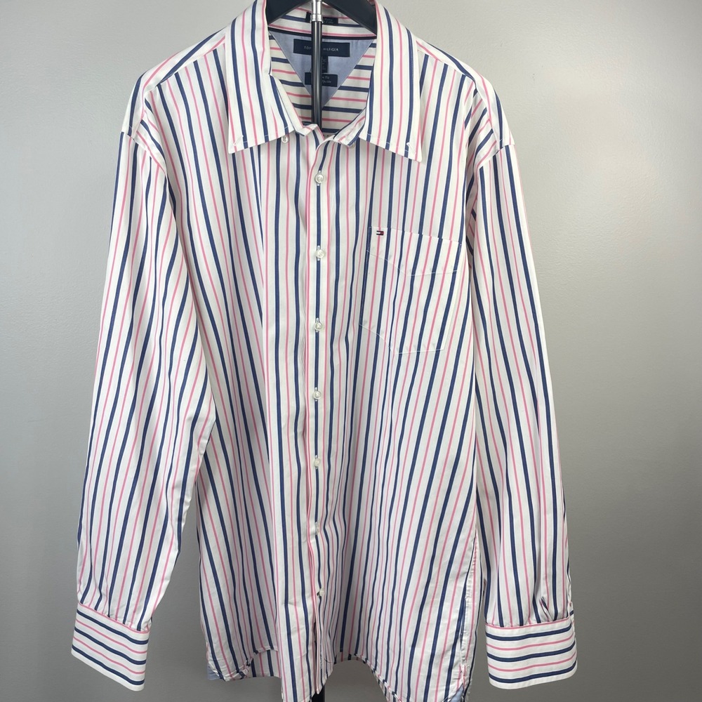 Tommy‎ Hilfiger Mens XXL Custom Fit Striped Button Down Shirt Pink Blue White - Picture 2 of 11